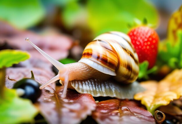 Foto un caracol está en un plato con una fresa en él