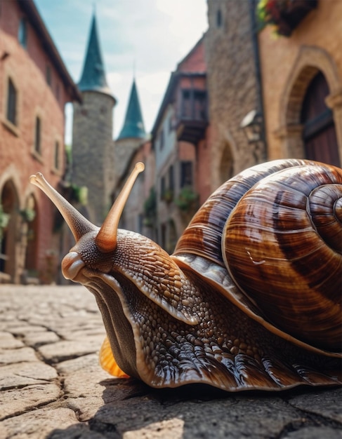 Foto un caracol está sentado en una calle de adoquines