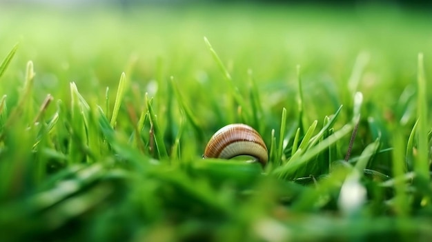 un caracol sentado encima de un exuberante campo verde