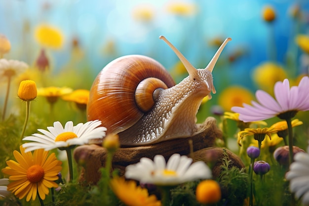 Foto un caracol sentado en medio de un campo de flores