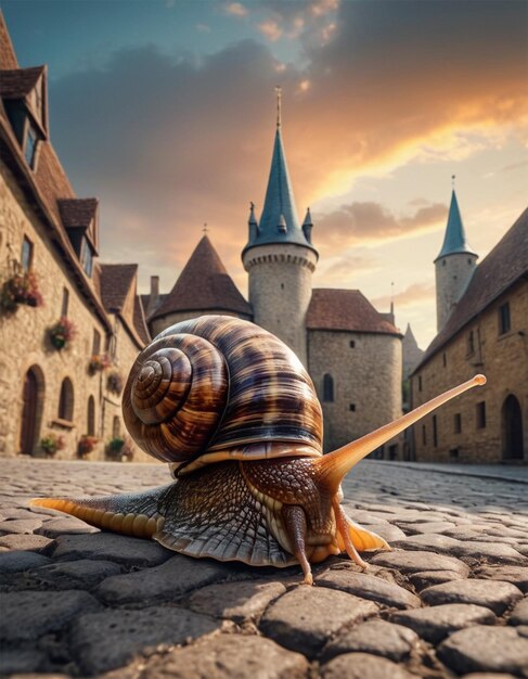 Foto un caracol está sentado en el suelo frente a un castillo