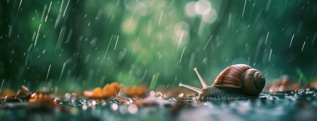 Un caracol sereno que se desafía a una lluvia suave