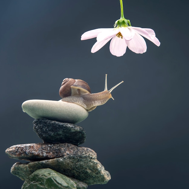 El caracol sobre una pirámide de piedra se extiende para alcanzar una flor  blanca. | Foto Premium