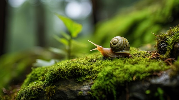 caracol en un tronco cubierto de musgo en el bosque