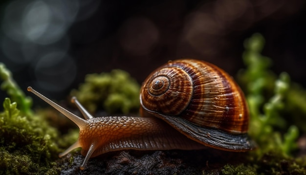 Caracol viscoso rastejando em folha de planta verde gerada por IA