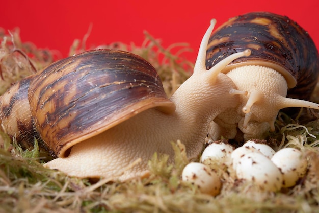 Caracoles Achatin sobre musgo verde junto a los huevos puestos.