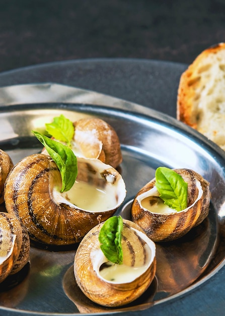 Caracoles de Borgoña con salsa de mantequilla de hierbas de ajo y pan en una sartén de aluminio sobre fondo oscuro