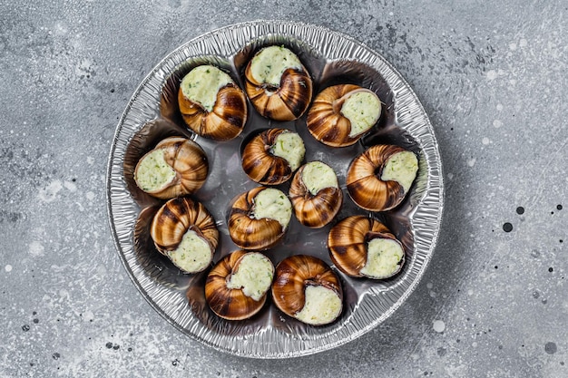 Caracoles de Caracol a la Borgoña con mantequilla de ajo. fondo gris. Vista superior.