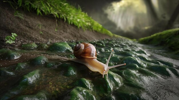 Caracoles que se arrastran sobre pequeñas rocas húmedas en el suelo