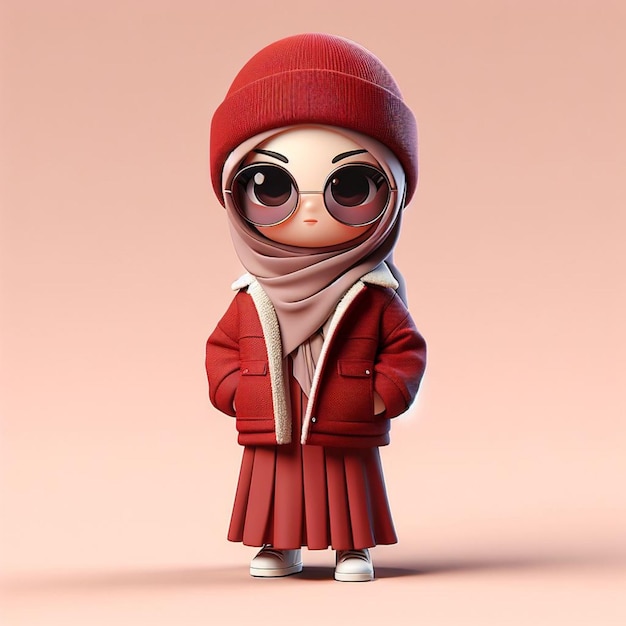 Foto caracter chibi em 3d de uma mulher de aparência islâmica à moda usando um hijab