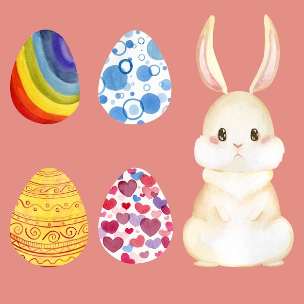 Foto carácter de conejo acuarela y huevo para pascua