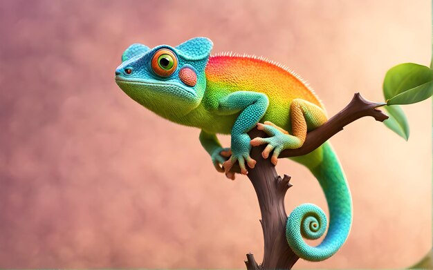 Caracter de bebê camaleão bonito em bandeira de galho de oliveira de cor aleatória sólida