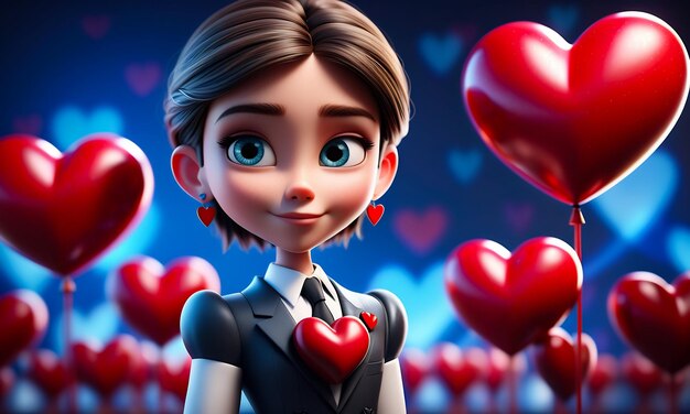 Caracter de desenho animado 3D e coração coração fundo coração 3D