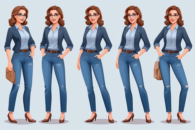 Caracter de mulher de negócios casual em diferentes poses em calças jeans ilustração vetorial isolada