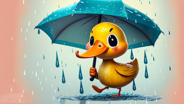 Caracter de pato de desenho animado bonito segurando um guarda-chuva na chuva generativo Ai