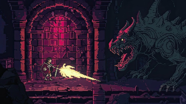 Caracter de pixel luta contra um monstro estilo de arte de pixel desenvolvimento de jogo design RPG computador criatura dragão espada escura Gerado por AI