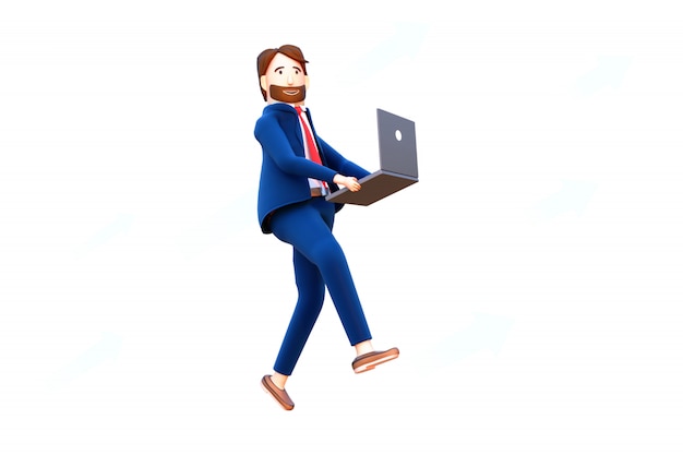 Carácter del empresario sosteniendo portátil. Render 3D