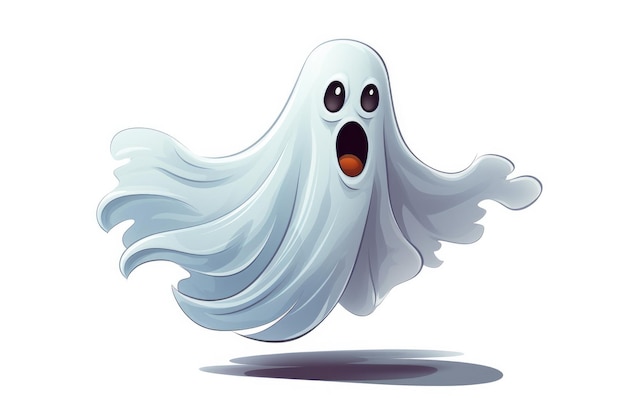 Caracter fantasma de desenho animado bonito e surpreso com olhos e boca em fundo branco conceito de Halloween