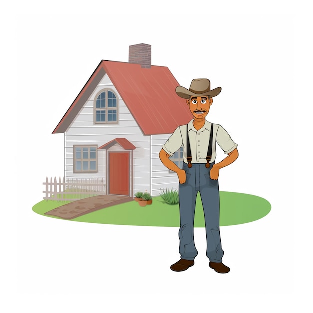 El carácter del granjero y la casa en Flat