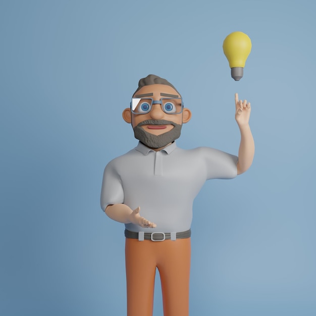 Carácter de hombre con barba y gafas ilustración 3d sobre un fondo azul con una bombilla Idea c