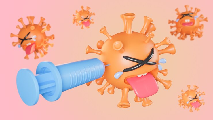Carácter de lindo virus de colona naranja llorando que se inyecta con jeringa sobre fondo pastel., Vacuna covid-19., Modelo 3d e ilustración.