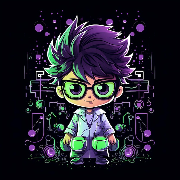 Caracter Neon de Quirky Chibi Boy com cabelo bagunçado e óculos grandes Scien Clipart Sticker Set