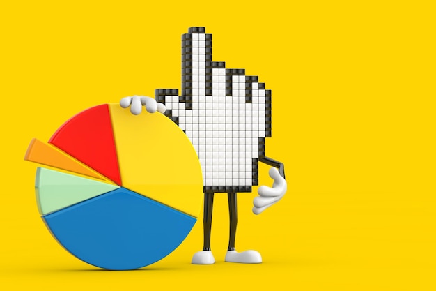 Carácter de persona de mascota de cursor de mano de píxeles con gráficos de información Gráfico de sectores de negocios Representación 3d