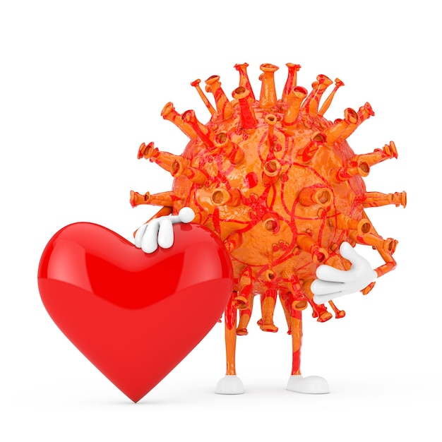 Carácter de la persona de la mascota del virus del coronavirus COVID-19 de la historieta con el corazón rojo en un fondo blanco. Representación 3D