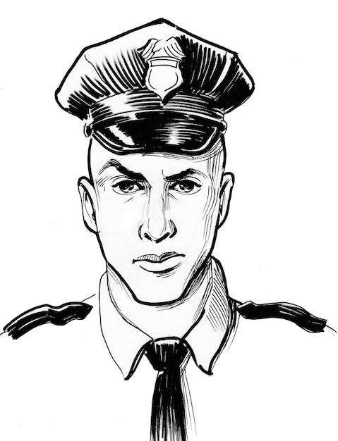 Carácter de policía estadounidense. Dibujo a tinta en blanco y negro
