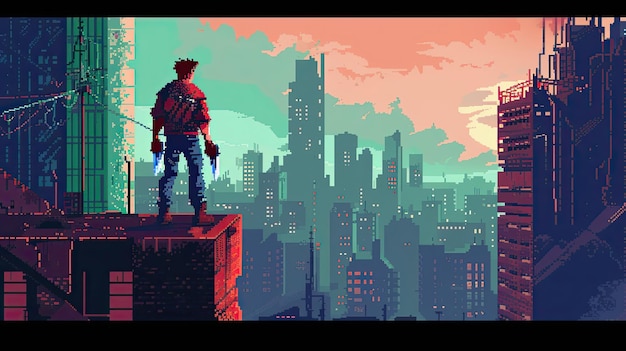 Caracter principal de pixel estilo aventura protagonista de jogos clássico pixelado retro dinâmico imersivo fantasia emoção heróica gerado por AI