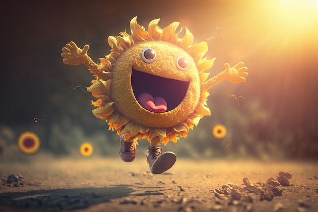 Carácter de sol alegre riendo en el fondo del mundo de fantasía Creado Generativa ai