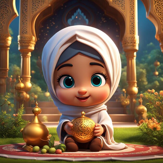 Caracteres de desenho animado maravilhosos e bonitos para crianças muçulmanas no Ramadão em 3D