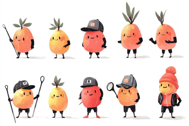 Foto caracteres de frutas bonitos com personalidades e ocupações diferentes