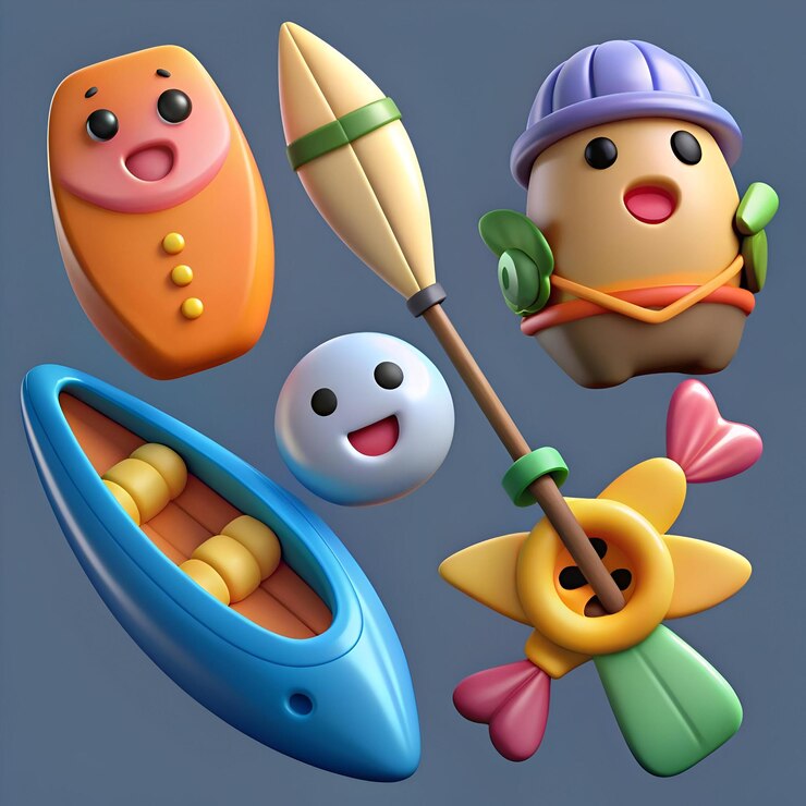 Foto caracteres y objetos 3d lindos perfectos para aplicaciones infantiles, juegos o redes sociales esta divertida colección incluye un hombre de nieve con paletas de canoa y más, todos con expresiones felices