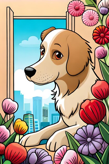 Caracteres de perros de dibujos animados con fondo de flores