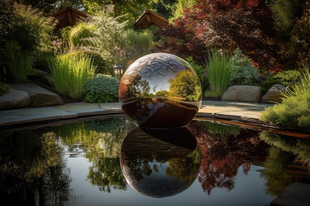 Característica del agua con reflejos cautivadores en un exuberante paisaje de jardín creado con IA generativa