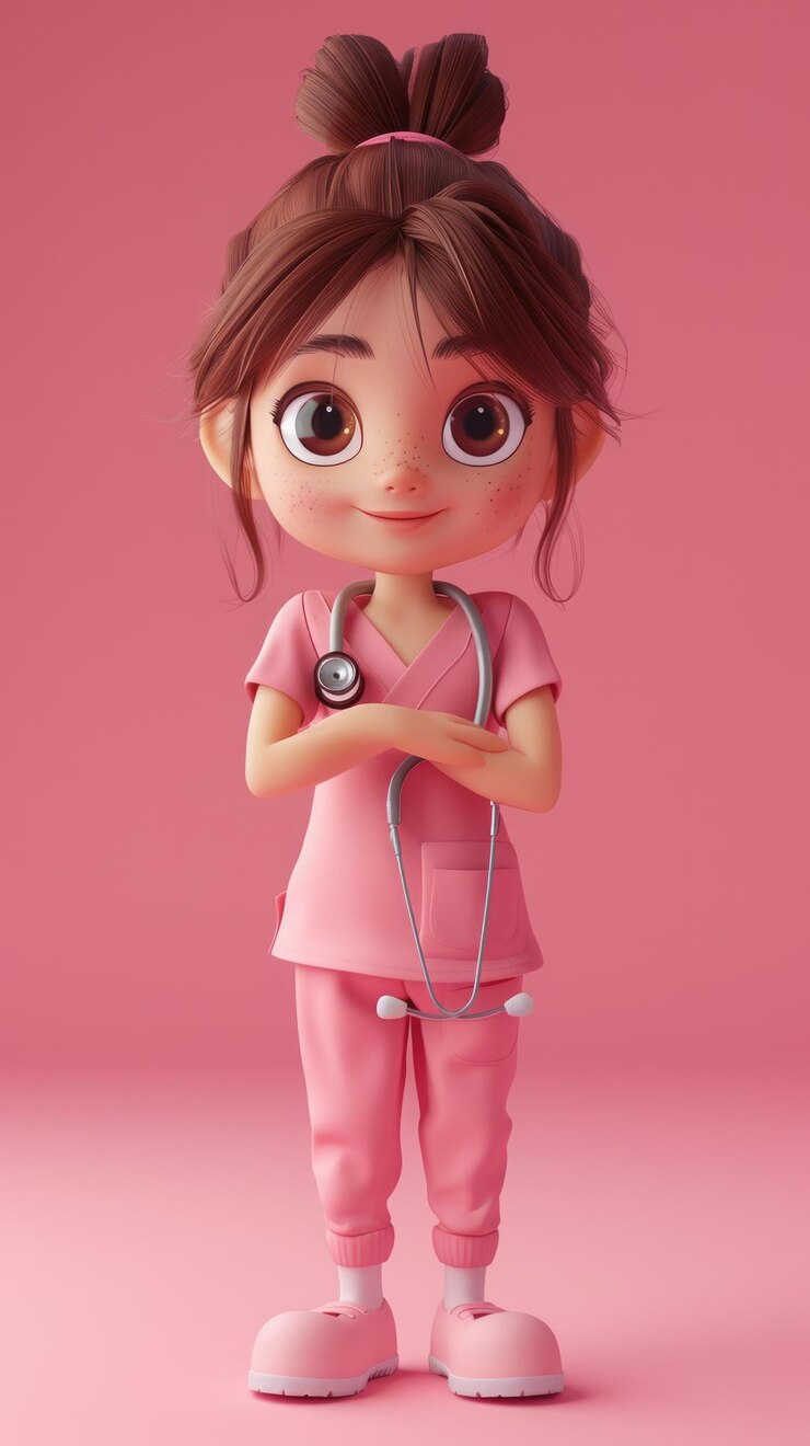 Foto característica de enfermeira de desenho animado bonita em roupas cor-de-rosa com estetoscópio 3d rendering médico adorável