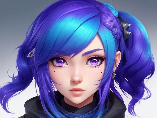 Características faciais requintadas desenho animado anime cabelo azul roxo bela garota avatar personagem do jogo