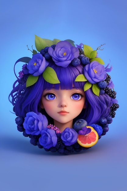Característico personaje de chica linda diseñado con flores redondas y marco de frutas