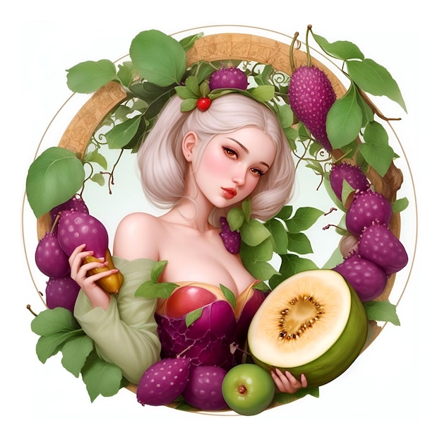 Característico personaje de chica linda diseñado con flores redondas y marco de frutas