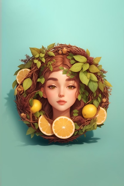 Característico personaje de chica linda diseñado con flores redondas y marco de frutas