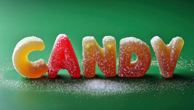 Foto caramelo 3d caramelo de goma de texto con textura de azúcar aislada sobre fondo verde