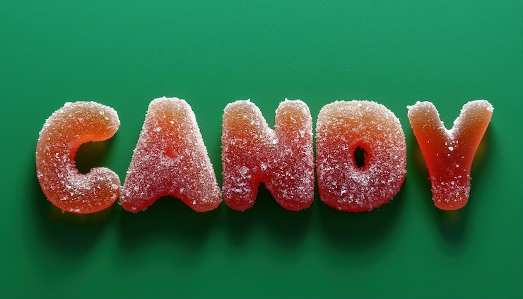 Foto caramelo 3d caramelo de goma de texto con textura de azúcar aislada sobre fondo verde