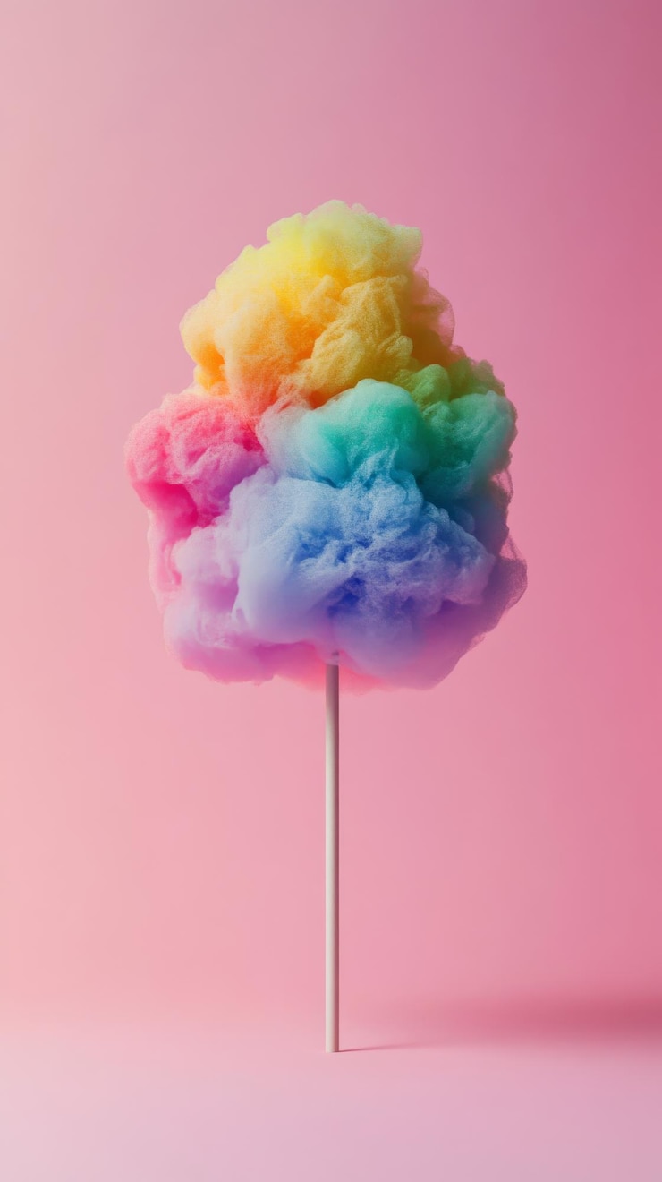 Foto caramelo de algodón arco iris en fondo rosado concepto de golosinas coloridas