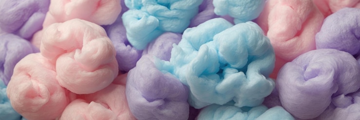 Foto caramelo de algodón azul rosado y púrpura en un fondo de color pastel suave