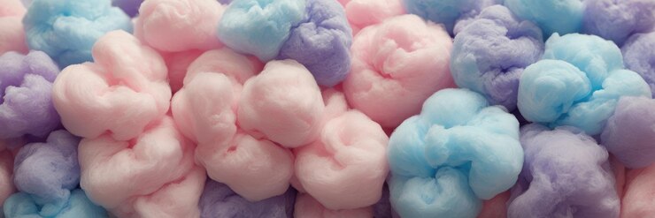 Foto caramelo de algodón azul rosado y púrpura en un fondo de color pastel suave