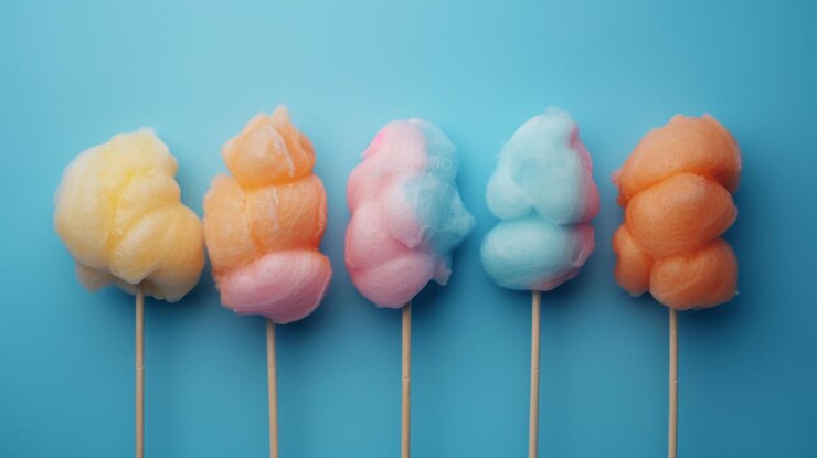 Foto caramelo de algodón multicolor en un palo en el fondo azul espacio de copia