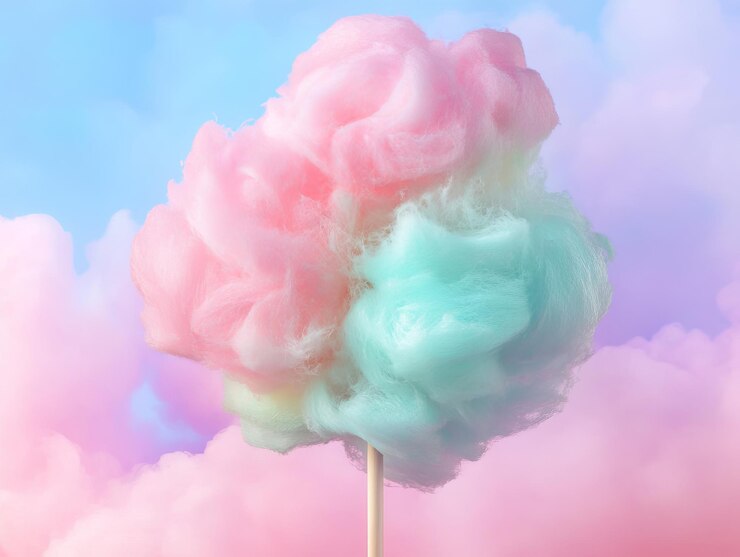 Foto caramelo de algodón rosa y azul en un palo contra un cielo colorido
