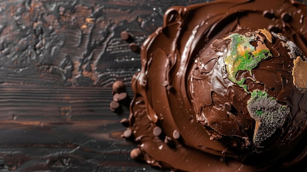 Caramelo de chocolate en forma de planeta tierra Concepto del Día Mundial del Chocolate Lugar para el texto