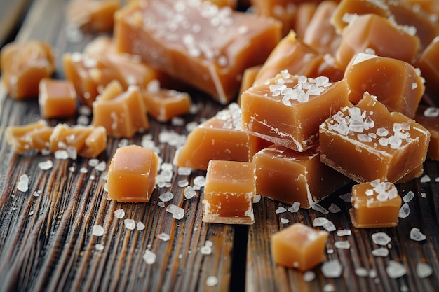 Foto caramelo derretido con pedazos de caramelo dulce con sal en una mesa de madera